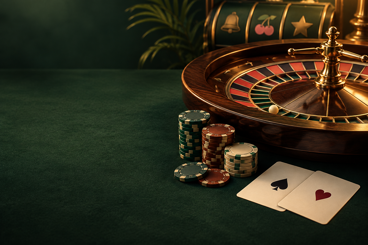 Meja kasino dengan roda roulette, kartu dan cip dalam cahaya hangat